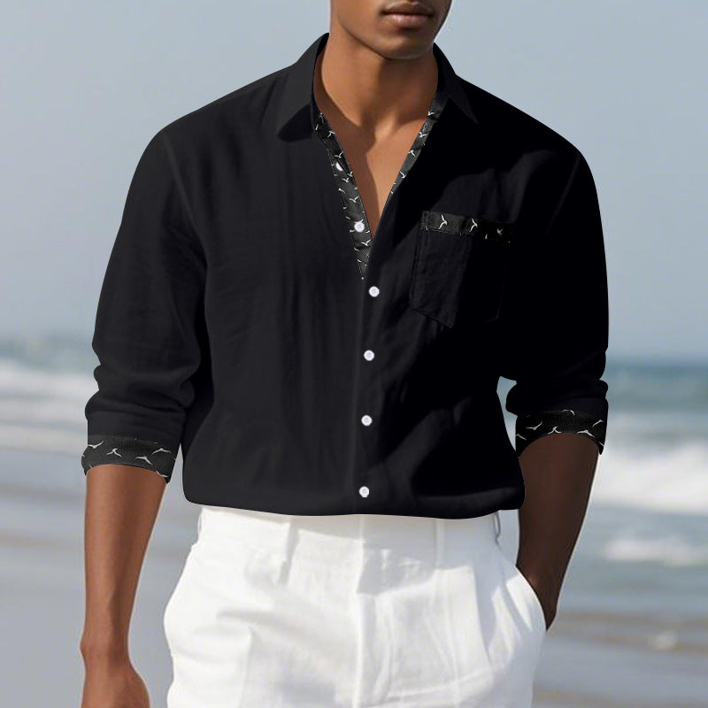 Men's casual linen blend shirt with contrasting trim on collar and cuffs as well as breast pocket StylebySassy