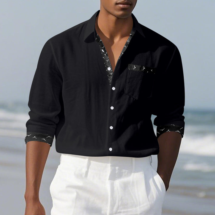 Men's casual linen blend shirt with contrasting trim on collar and cuffs as well as breast pocket StylebySassy