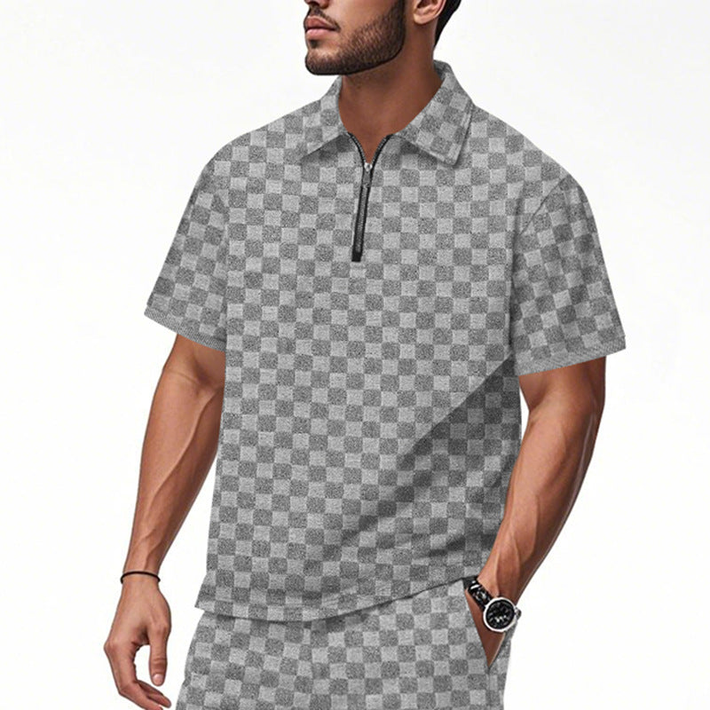 Men's short half-zip polo shirt made of structured waffle piqué with shirt collar and fitted silhouette StylebySassy