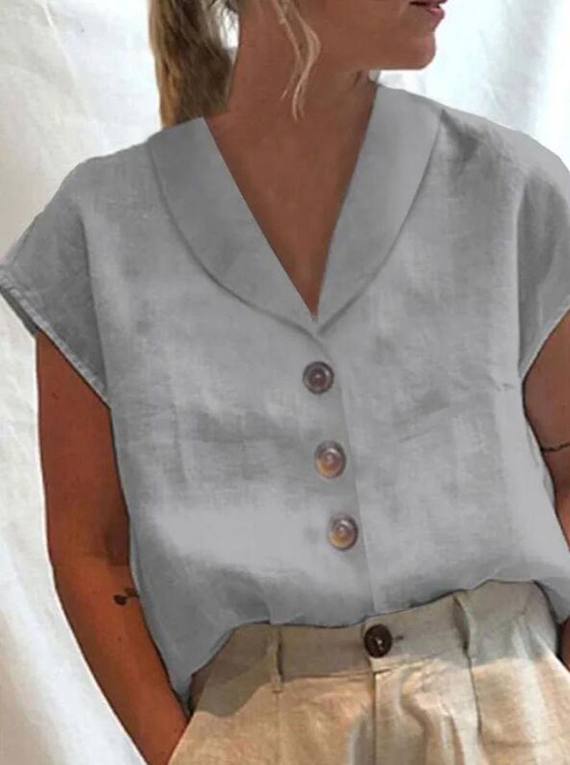 Women's casual linen blouse top with notched collar and wood button placket StylebySassy