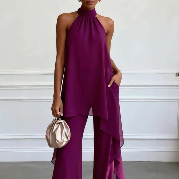 Ladies' elegant evening two-piece with gathered stand collar, asymmetrical ruffle, and flowing flared trousers StylebySassy