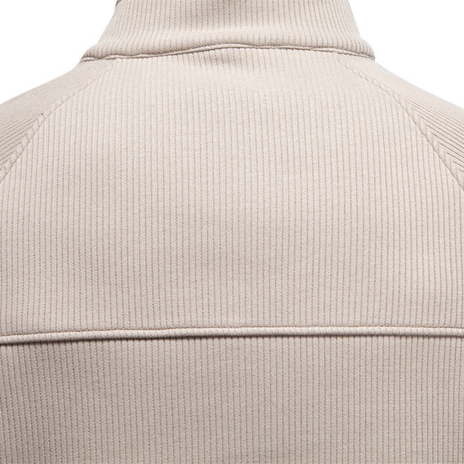 Men's fine ribbed half-zip pullover with stand-up collar, raglan sleeves, and elastic cuffs StylebySassy