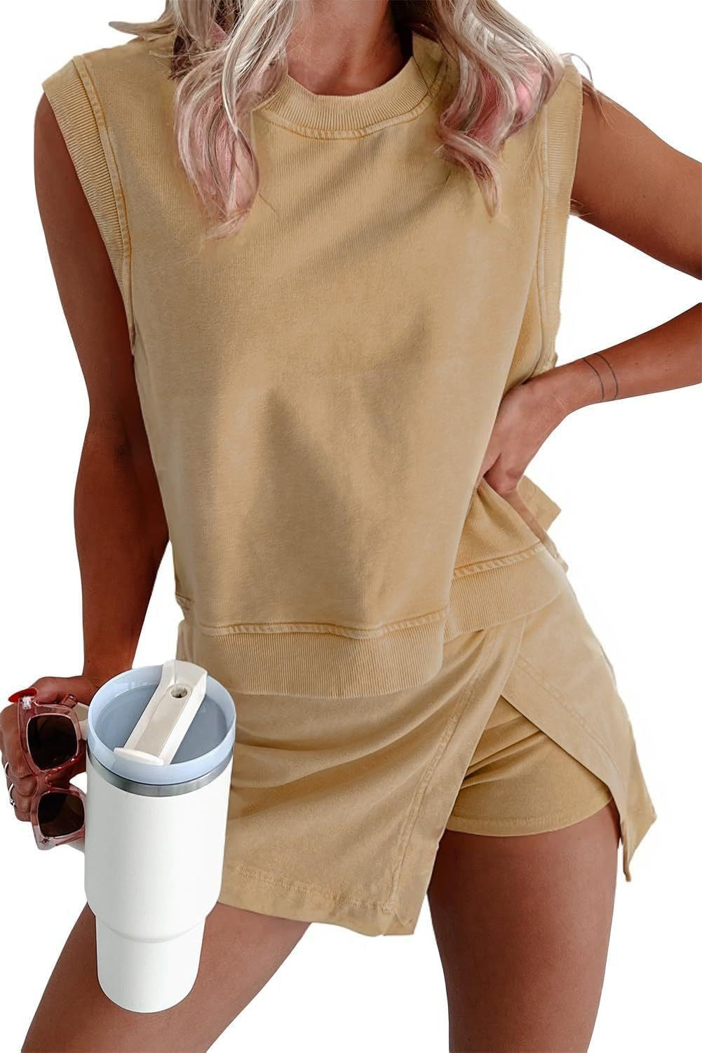 Women's casual jersey fabric two-piece set with sleeveless boxy top and wrap mini skirt with integrated shorts StylebySassy