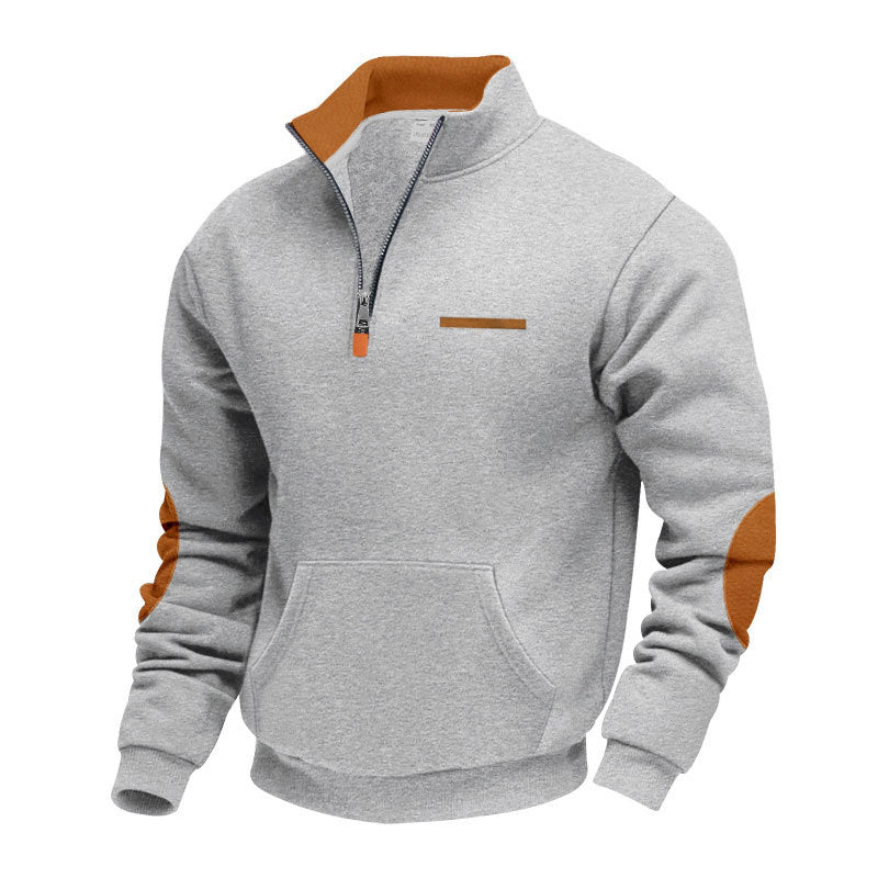 Men's half-zip sweatshirt with stand-up collar, kangaroo pocket, and elbow patches StylebySassy