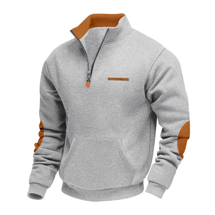 Men's half-zip sweatshirt with stand-up collar, kangaroo pocket, and elbow patches StylebySassy