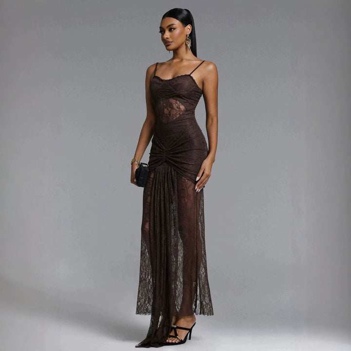 Women Elegant Lace Maxi Dress with Sophisticated Draping StylebySassy