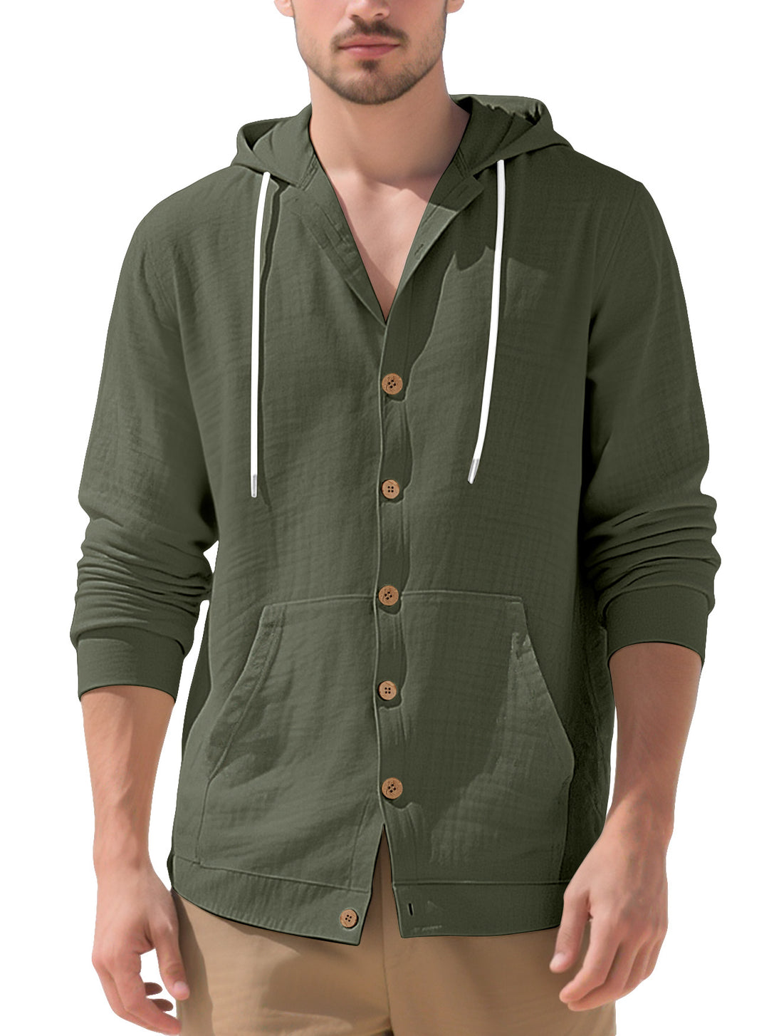 Men's lightweight hooded overshirt in crinkle look with wooden button placket and kangaroo pocket StylebySassy
