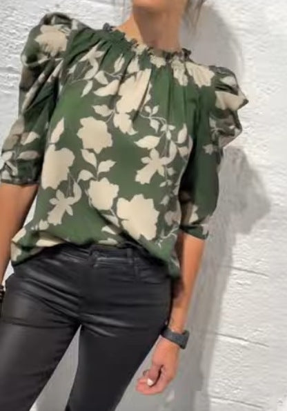Women's wide-cut slip blouse with smocked ruffle collar and elbow-length puff sleeves StylebySassy