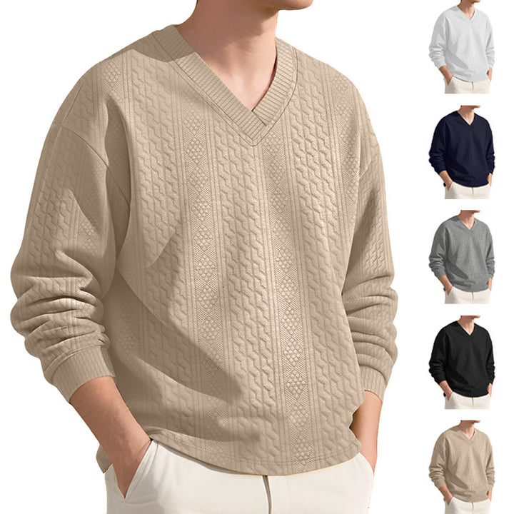 Men's structured V-neck knitted sweater with cable and honeycomb pattern StylebySassy