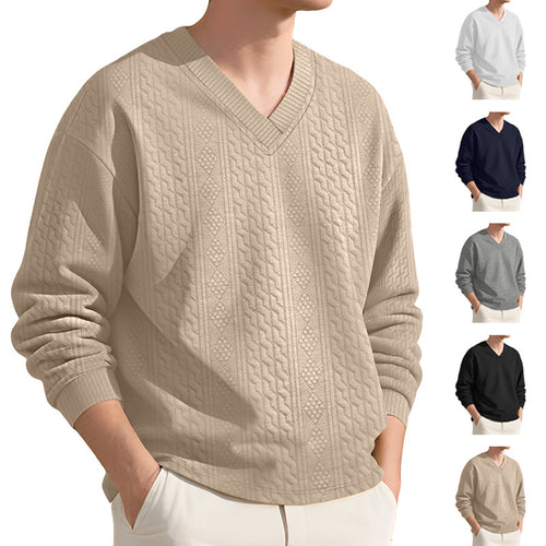 Men's structured V-neck knitted sweater with cable and honeycomb pattern StylebySassy