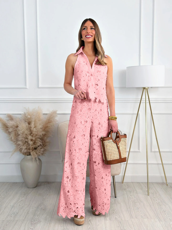 Women floral lace two-piece with shirt collar and wide palazzo pants StylebySassy