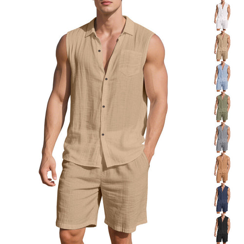 Men's sleeveless shirt and shorts set made of cotton-linen with kent collar and elastic drawstring waistband StylebySassy