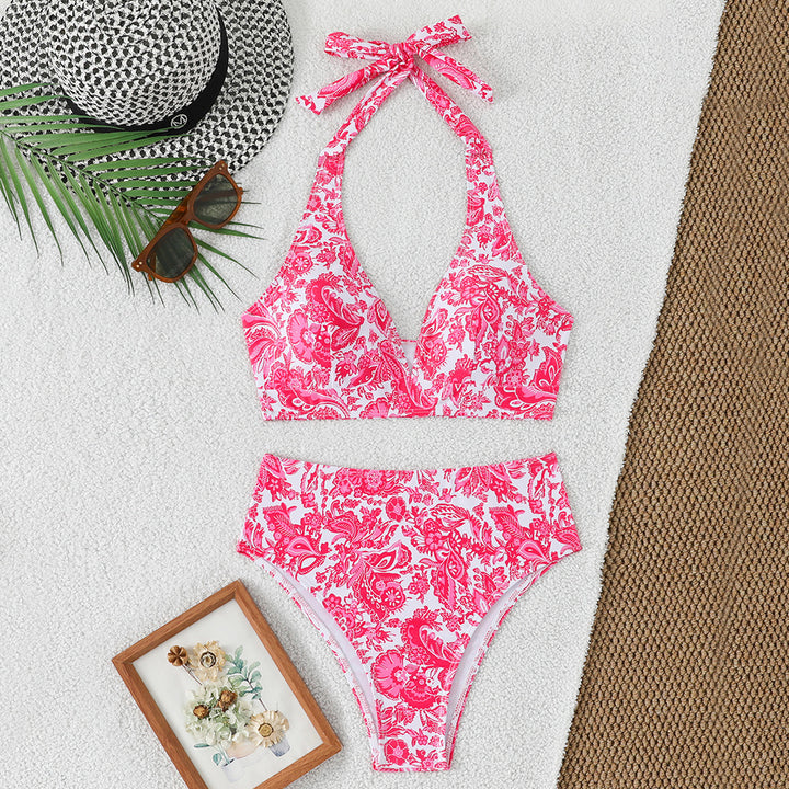 Women's High-Waisted Bikini Set with Floral Design and Playful Halter Top StylebySassy