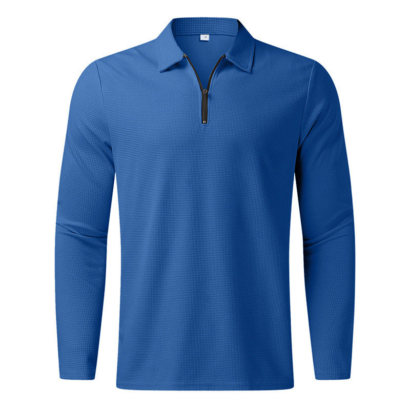 Men's long-sleeved polo shirt with kent collar, short front zip and fine waffle texture StylebySassy