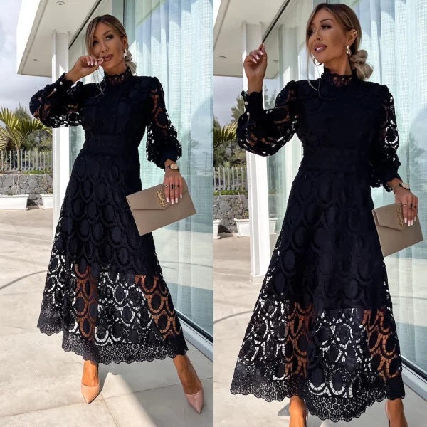 Women's crocheted midi dress with stand-up collar, transparent lace sleeves, and fitted A-line StylebySassy
