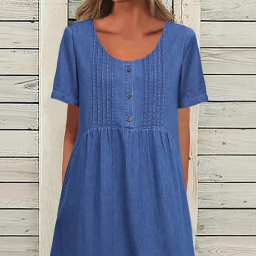 Ladies' knee-length dress in denim look with round neckline, chest piping and side inset pockets StylebySassy