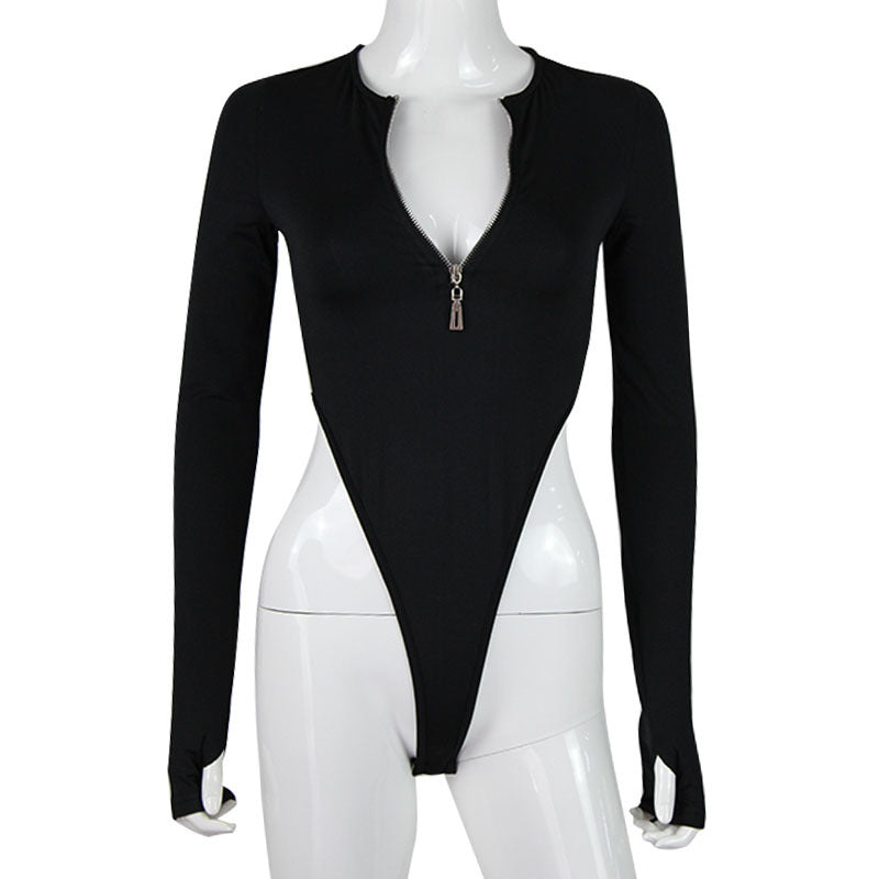 Women's Long Sleeve Bodysuits with Zipper and Side Cut-Out