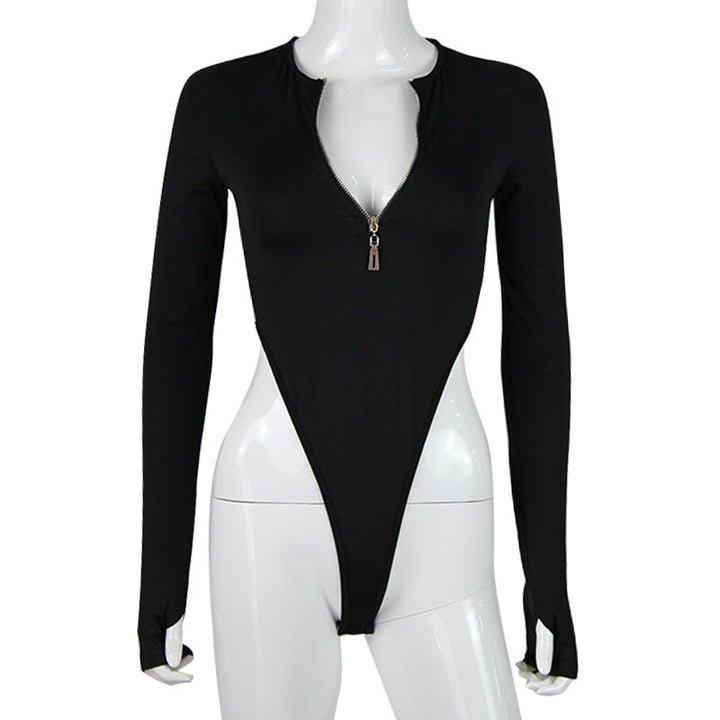Women's Long Sleeve Bodysuits with Zipper and Side Cut-Out