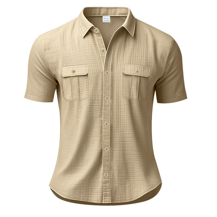 Men's structured short sleeve shirt in linen gauze look with flap pockets and rounded hem StylebySassy
