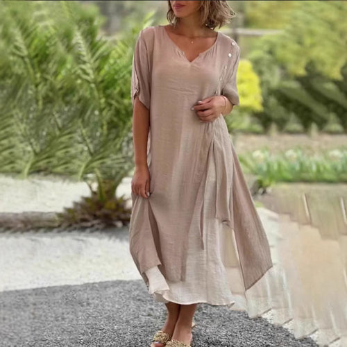 Women's double-layer shirt dress with asymmetric layered skirt, side decorative button placket, and drawstring StylebySassy