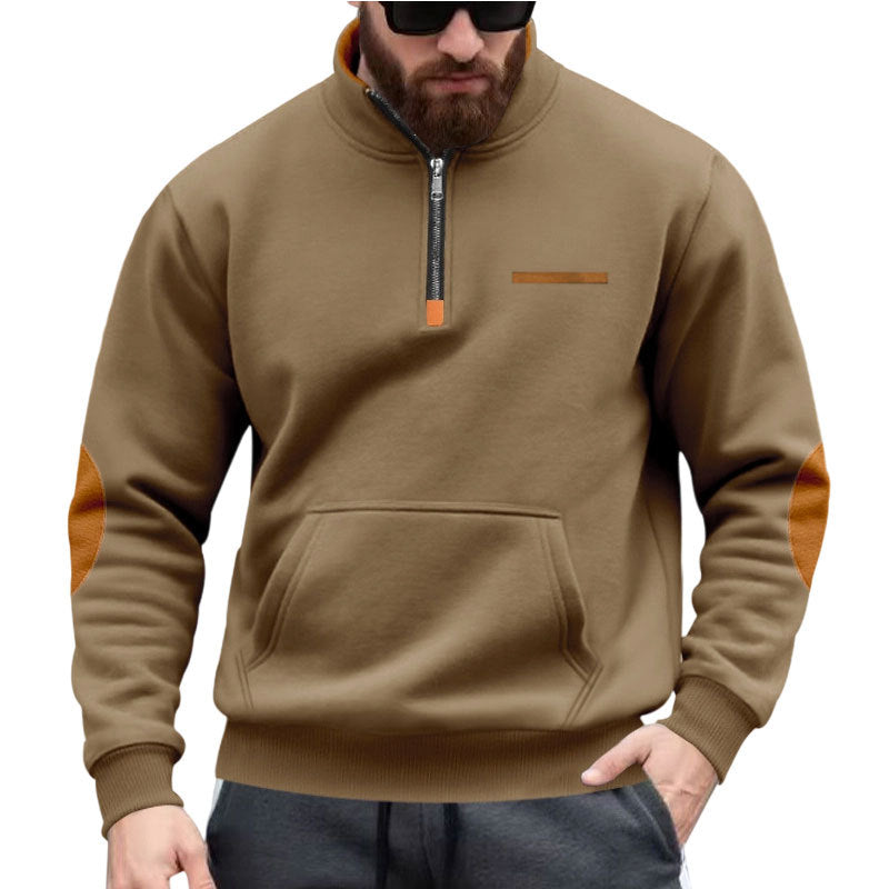 Men's half-zip sweatshirt with stand-up collar, kangaroo pocket, and elbow patches StylebySassy
