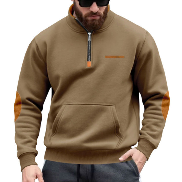 Men's half-zip sweatshirt with stand-up collar, kangaroo pocket, and elbow patches StylebySassy