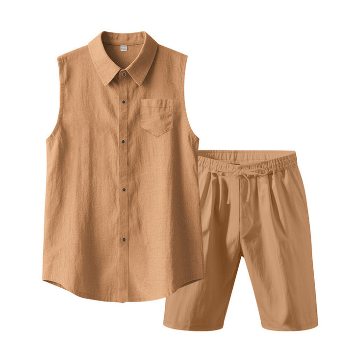 Men's sleeveless shirt and shorts set made of cotton-linen with kent collar and elastic drawstring waistband StylebySassy