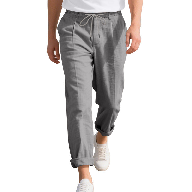 Men's beach-suitable linen blend lounge pants with elastic drawstring, subtle pleat, and rolled ankle hem StylebySassy