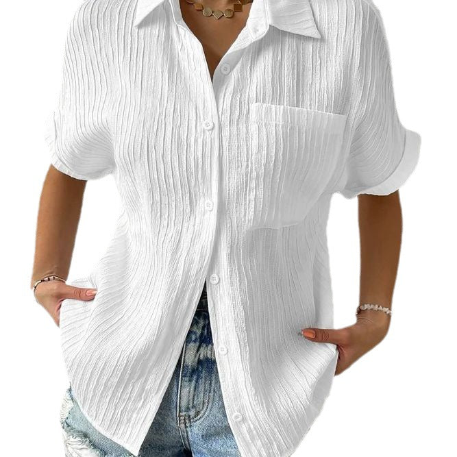 Women's crinkle effect shirt blouse with breast pocket, rolled sleeves and loose fit StylebySassy