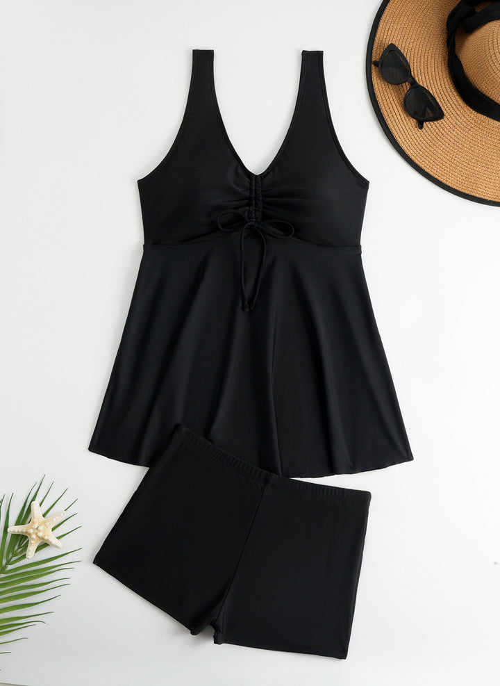 Ladies' tankini set with stylish ruffle and graphic peacock pattern StylebySassy