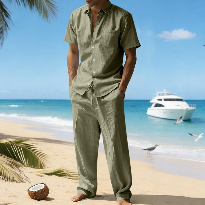 Men's resort-appropriate short-sleeve shirt with chest pocket and casual linen drawstring pants StylebySassy