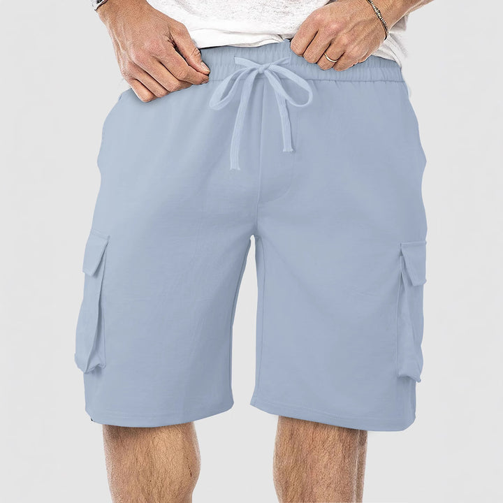 Men's casual cargo Bermuda shorts with elastic drawstring waistband, straight leg, and patch flap pockets StylebySassy