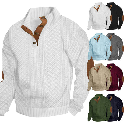 Men's upscale knit sweater with diamond pattern, high ribbed collar, buttoned placket, and leather trim on elbow. StylebySassy