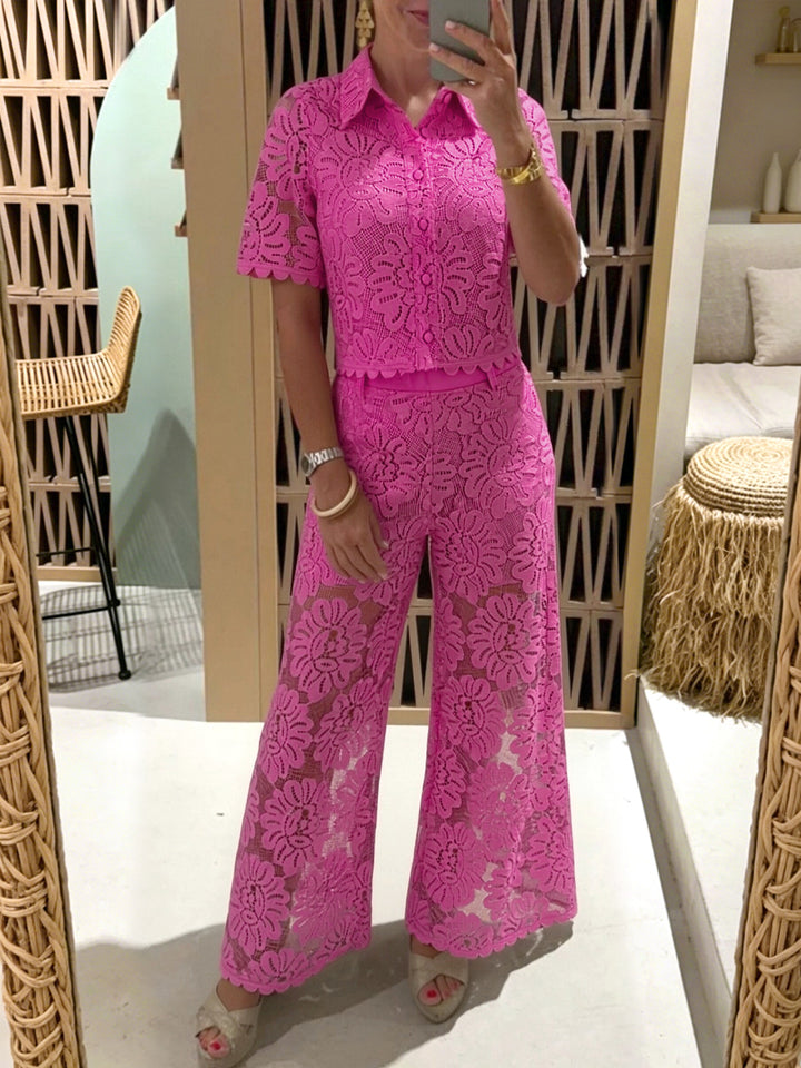 Women's elegant lace combination with short-sleeved blouse, scalloped hem, and tailored palazzo pants with tie belt StylebySassy