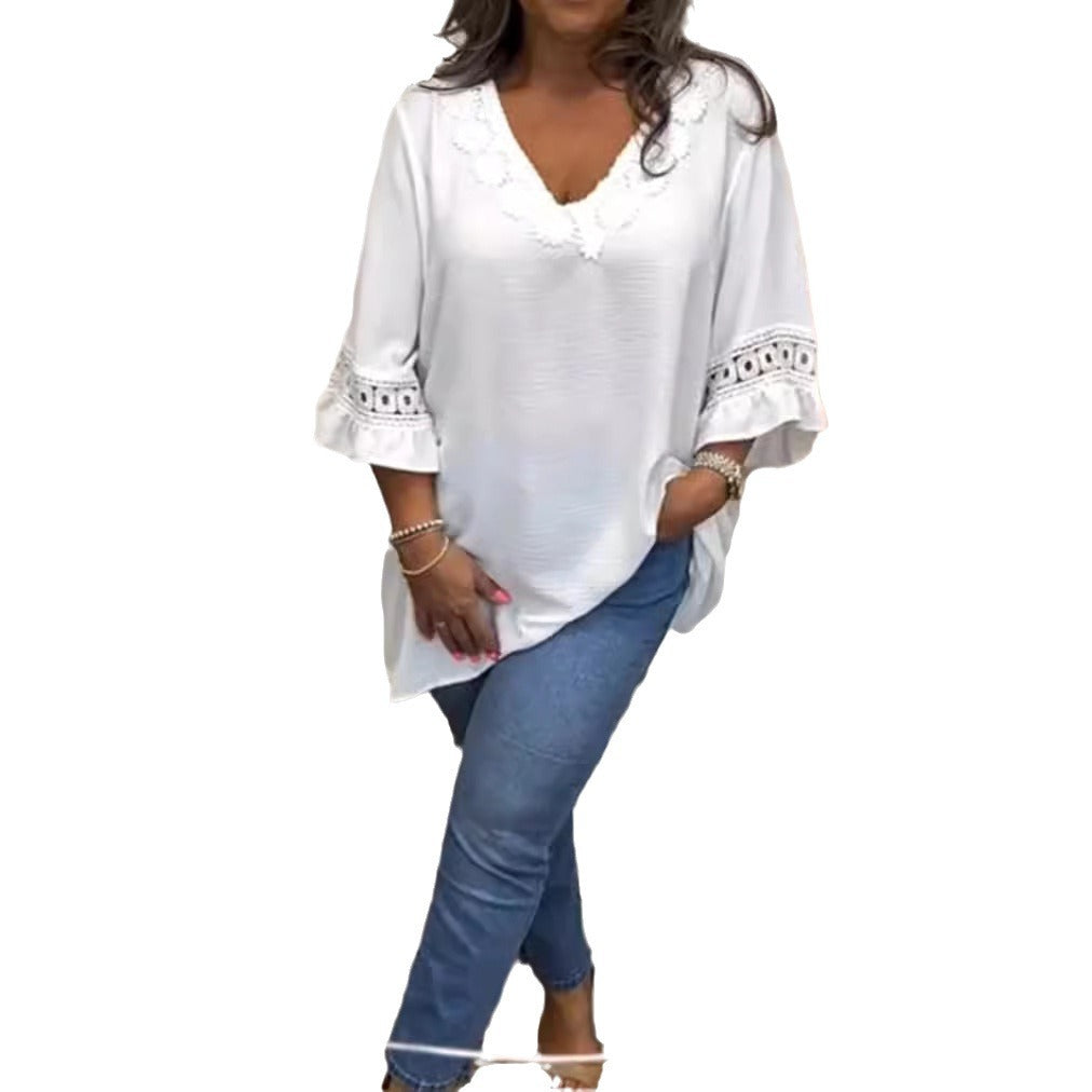 Ladies falling locker Crinkle tunic with crochet lace V-neck and frill sleeves StylebySassy