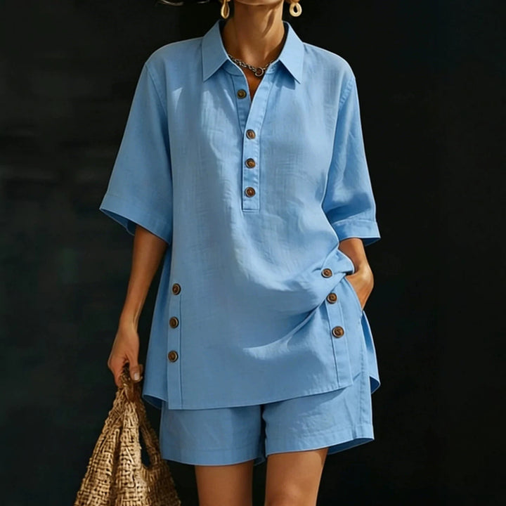 Women's airy linen-look two-piece set with oversized shirt blouse, button placket, and Bermuda shorts StylebySassy
