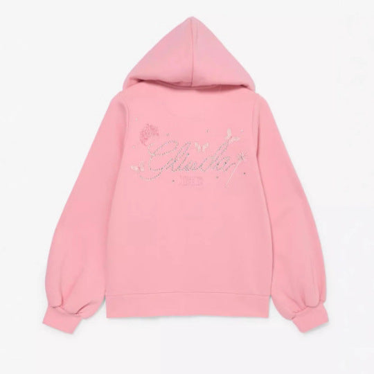 Women's Ruffled Hooded Sweat Jacket with Balloon Sleeves and Rhinestone Logo StylebySassy