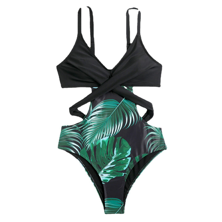 Women's one-piece swimsuit with fashionable cut-out and tropical leaf pattern StylebySassy