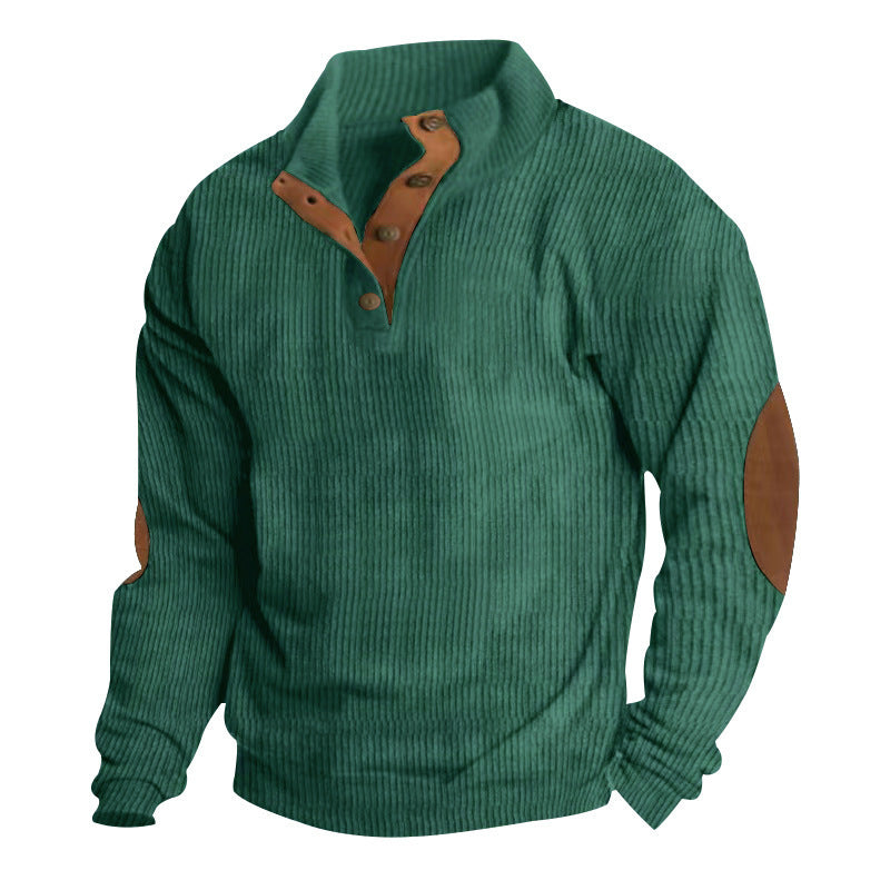 Men's chunky knit sweater with stand-up collar, button placket, and faux leather elbow patches StylebySassy
