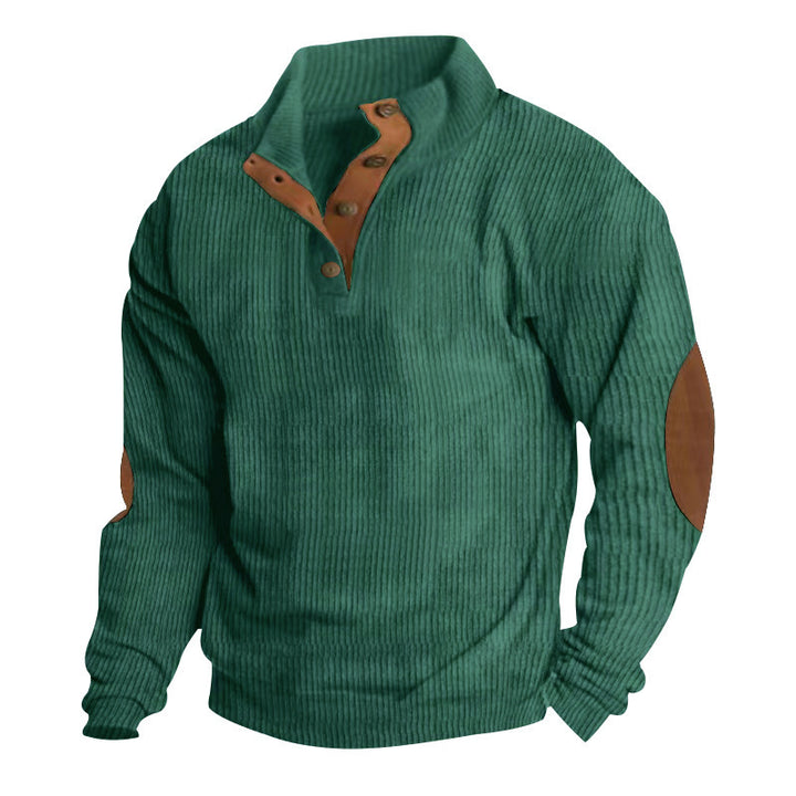 Men's chunky knit sweater with stand-up collar, button placket, and faux leather elbow patches StylebySassy
