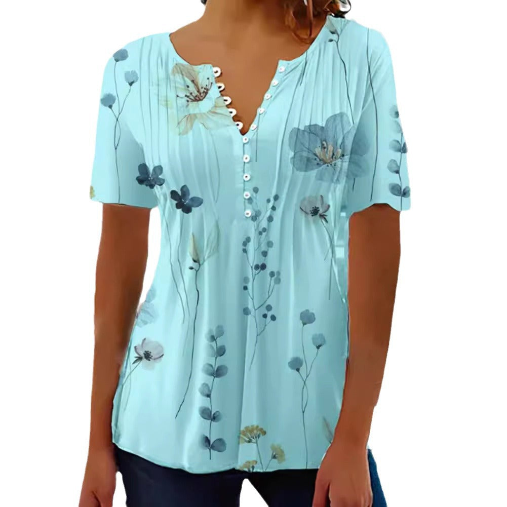 Women nan lightweight viscose tunic with decorative tuck pleats, half button placket and watercolor flower print StylebySassy