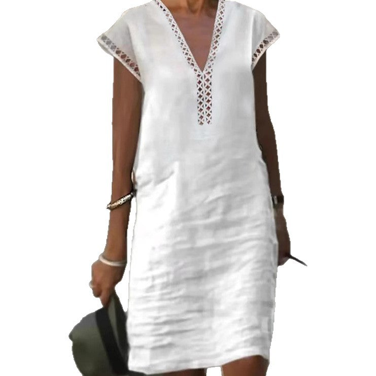 Women nan lightweight linen midi dress with V-neck and crocheted lace trim StylebySassy