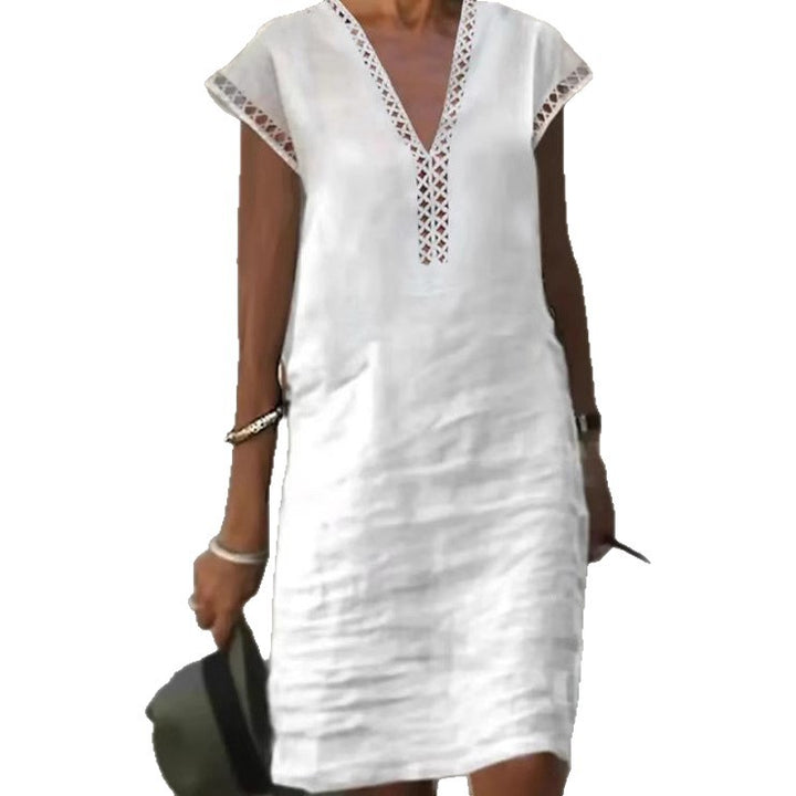 Women nan lightweight linen kaftan dress with V-neck and lace trim StylebySassy