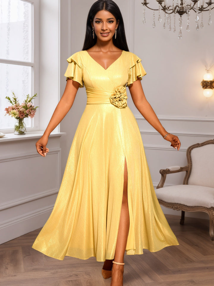 Ladies Elegant Maxi Dress with Lavish Ruffle and Floral Accent StylebySassy