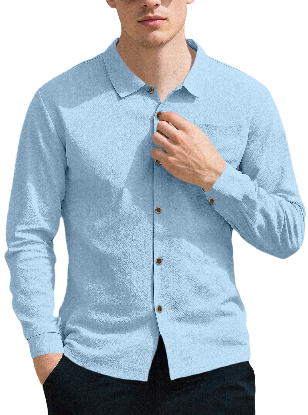 Men's breathable structured business shirt with breast pocket wooden button placket and ergonomic shoulder fit StylebySassy