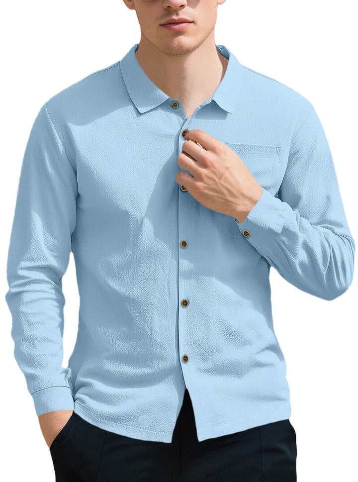 Men's breathable structured business shirt with breast pocket wooden button placket and ergonomic shoulder fit StylebySassy
