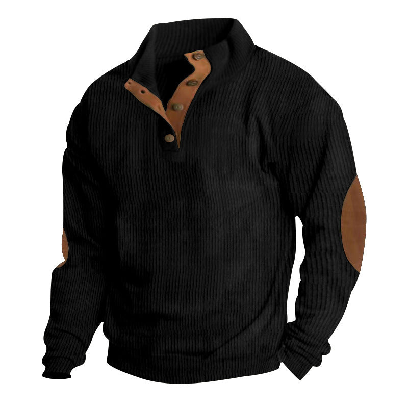 Men's chunky knit sweater with stand-up collar, button placket, and faux leather elbow patches StylebySassy