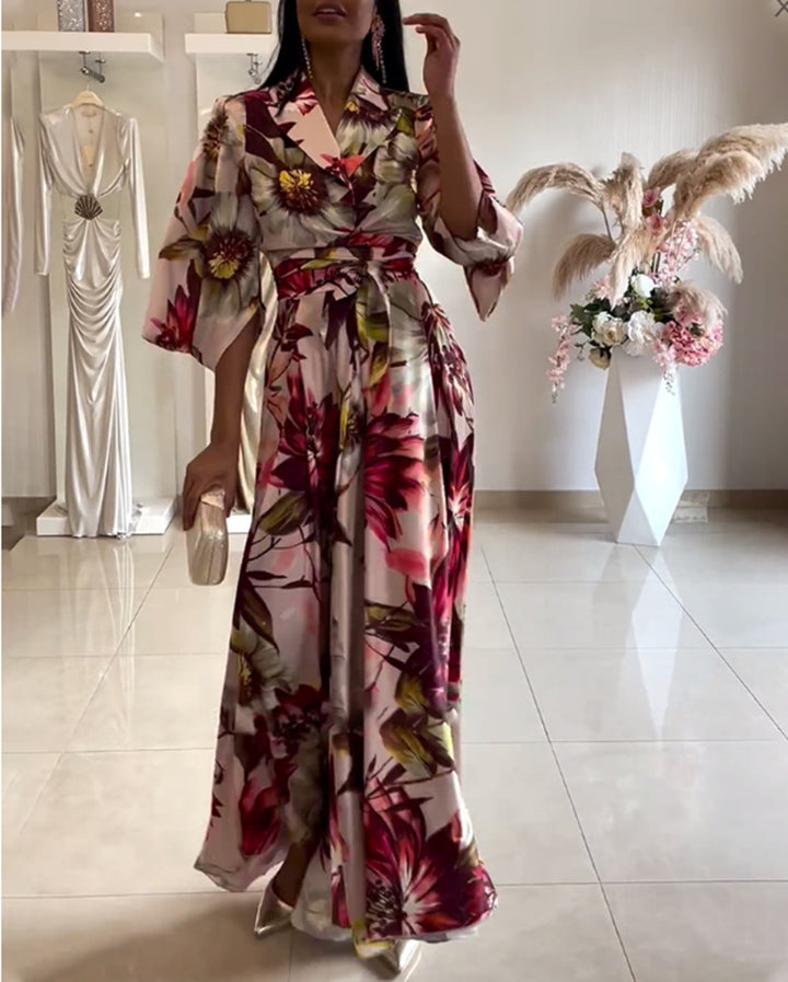 Ladies nan maxi dress with shawl collar, kimono sleeves and waist-defining tie belt StylebySassy