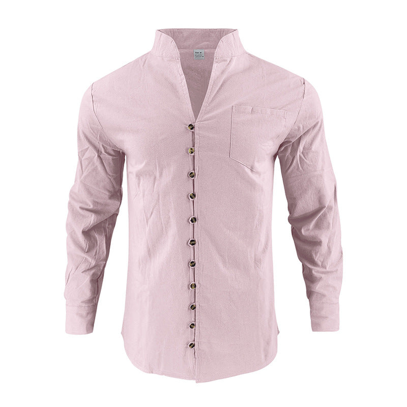 Men's lightweight linen shirt with stand-up collar, full button placket, and patch chest pocket StylebySassy