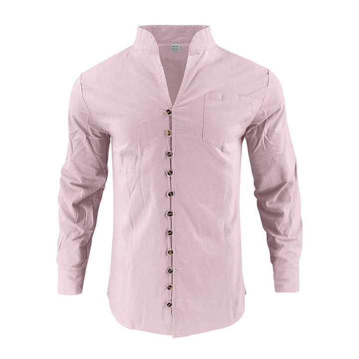Men's lightweight linen shirt with stand-up collar, full button placket, and patch chest pocket StylebySassy